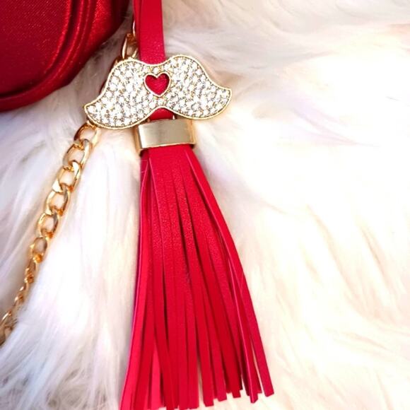 DIOR CROSSBODY Purse 6.5x4 Red Satin Beaute bag added Crystal Tassel Gold Chain - Picture 10 of 16